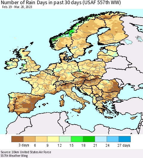 Europe Number of Rain Days in past 30 days (USAF 557th WW) 03/20/2023 Thematic Map For 3/16/2023 - 3/20/2023