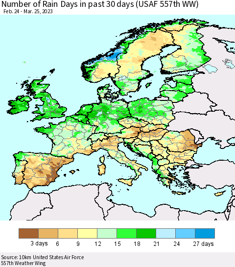 Europe Number of Rain Days in past 30 days (USAF 557th WW) 03/25/2023 Thematic Map For 3/21/2023 - 3/25/2023