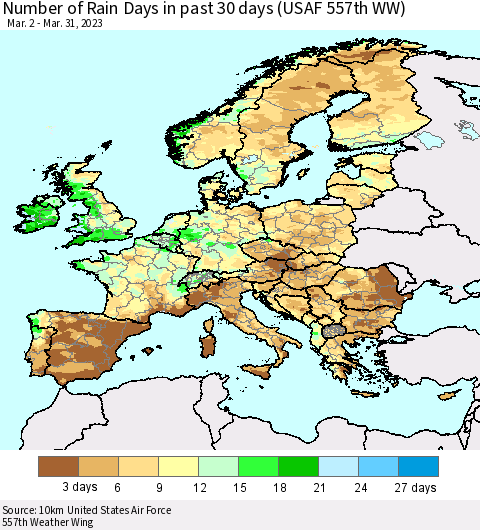 Europe Number of Rain Days in past 30 days (USAF 557th WW) 03/31/2023 Thematic Map For 3/26/2023 - 3/31/2023
