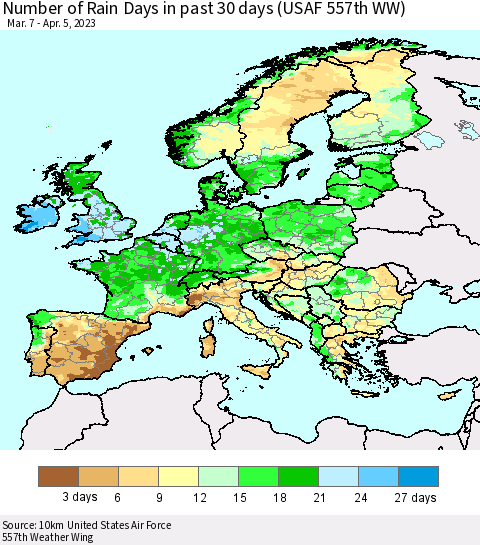 Europe Number of Rain Days in past 30 days (USAF 557th WW) 04/05/2023 Thematic Map For 4/1/2023 - 4/5/2023