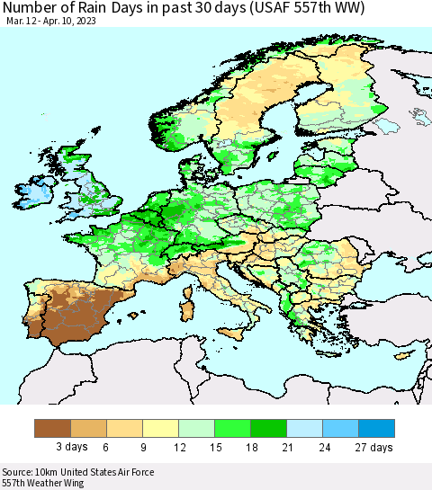Europe Number of Rain Days in past 30 days (USAF 557th WW) 04/10/2023 Thematic Map For 4/6/2023 - 4/10/2023