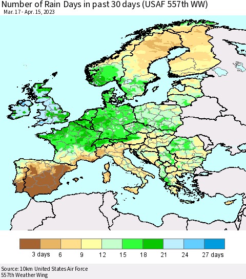 Europe Number of Rain Days in past 30 days (USAF 557th WW) 04/15/2023 Thematic Map For 4/11/2023 - 4/15/2023