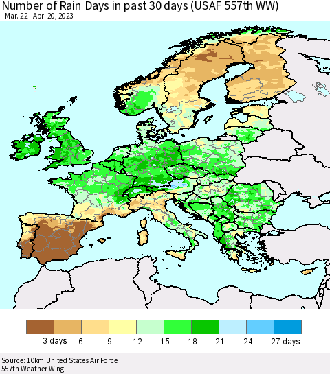 Europe Number of Rain Days in past 30 days (USAF 557th WW) 04/20/2023 Thematic Map For 4/16/2023 - 4/20/2023