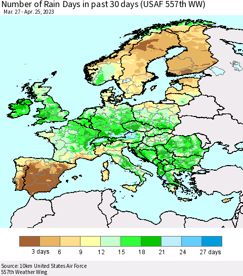 Europe Number of Rain Days in past 30 days (USAF 557th WW) 04/25/2023 Thematic Map For 4/21/2023 - 4/25/2023