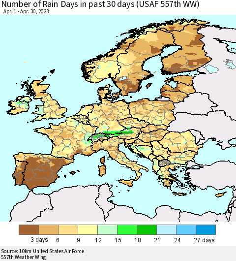 Europe Number of Rain Days in past 30 days (USAF 557th WW) 04/30/2023 Thematic Map For 4/26/2023 - 4/30/2023