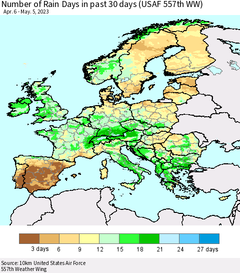 Europe Number of Rain Days in past 30 days (USAF 557th WW) 05/05/2023 Thematic Map For 5/1/2023 - 5/5/2023