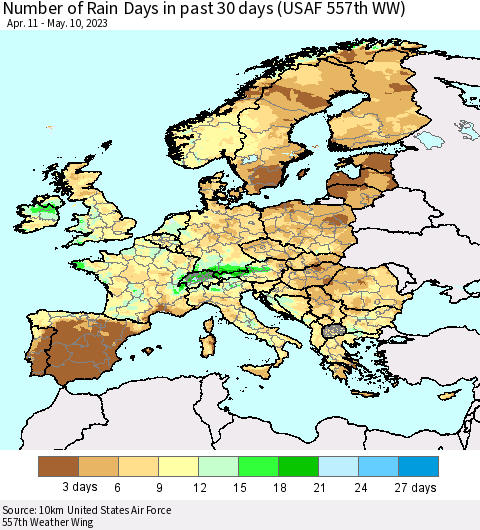 Europe Number of Rain Days in past 30 days (USAF 557th WW) 05/10/2023 Thematic Map For 5/6/2023 - 5/10/2023