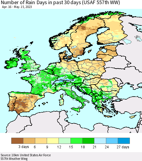 Europe Number of Rain Days in past 30 days (USAF 557th WW) 05/15/2023 Thematic Map For 5/11/2023 - 5/15/2023