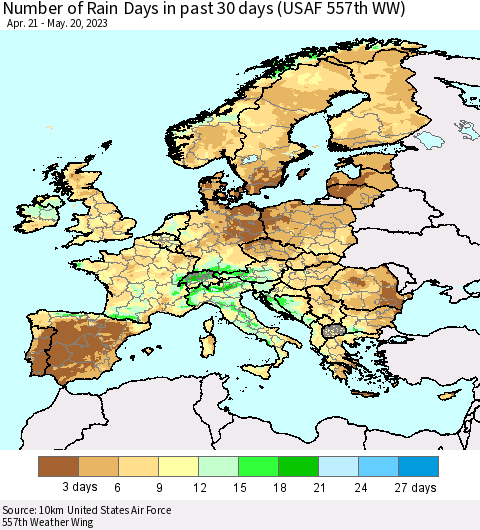 Europe Number of Rain Days in past 30 days (USAF 557th WW) 05/20/2023 Thematic Map For 5/16/2023 - 5/20/2023
