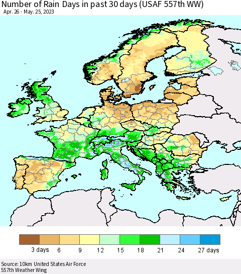 Europe Number of Rain Days in past 30 days (USAF 557th WW) 05/25/2023 Thematic Map For 5/21/2023 - 5/25/2023