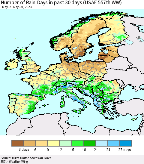 Europe Number of Rain Days in past 30 days (USAF 557th WW) 05/31/2023 Thematic Map For 5/26/2023 - 5/31/2023