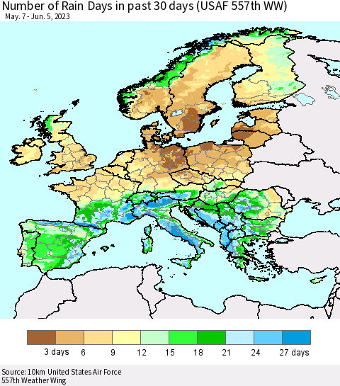 Europe Number of Rain Days in past 30 days (USAF 557th WW) 06/05/2023 Thematic Map For 6/1/2023 - 6/5/2023