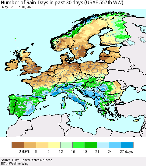 Europe Number of Rain Days in past 30 days (USAF 557th WW) 06/10/2023 Thematic Map For 6/6/2023 - 6/10/2023