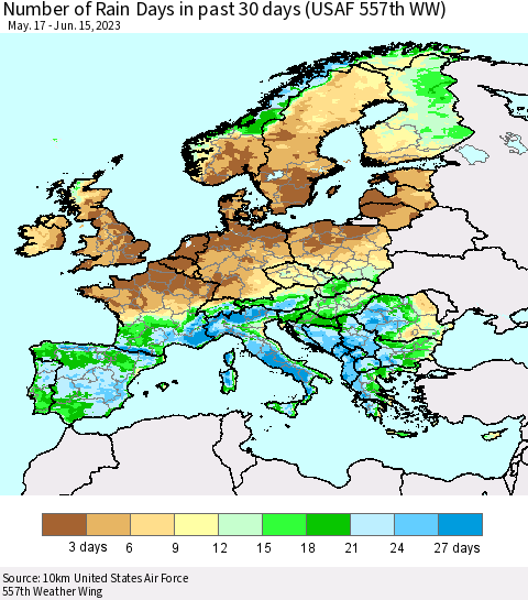 Europe Number of Rain Days in past 30 days (USAF 557th WW) 06/15/2023 Thematic Map For 6/11/2023 - 6/15/2023