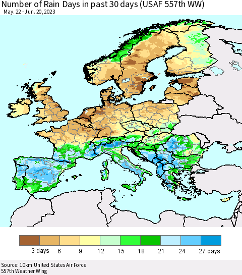 Europe Number of Rain Days in past 30 days (USAF 557th WW) 06/20/2023 Thematic Map For 6/16/2023 - 6/20/2023
