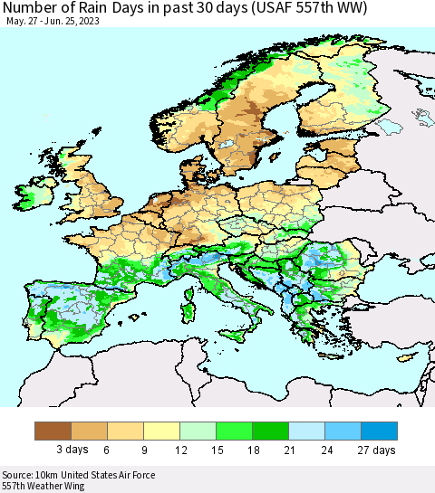 Europe Number of Rain Days in past 30 days (USAF 557th WW) 06/25/2023 Thematic Map For 6/21/2023 - 6/25/2023