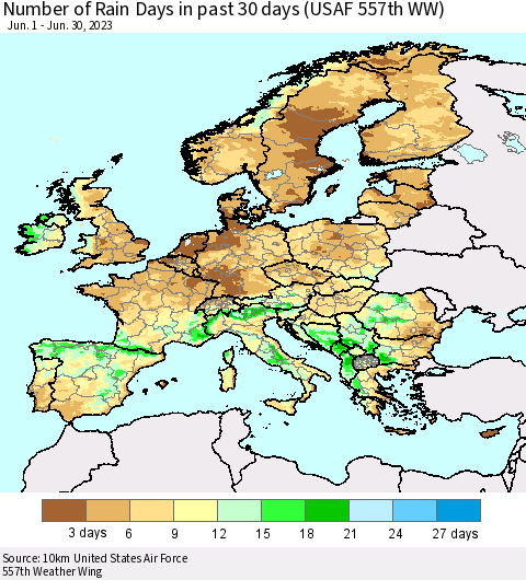 Europe Number of Rain Days in past 30 days (USAF 557th WW) 06/30/2023 Thematic Map For 6/26/2023 - 6/30/2023