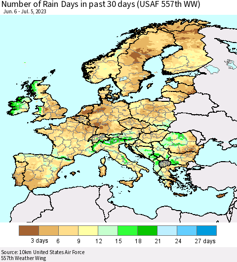 Europe Number of Rain Days in past 30 days (USAF 557th WW) 07/05/2023 Thematic Map For 7/1/2023 - 7/5/2023