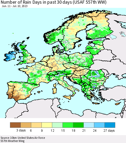Europe Number of Rain Days in past 30 days (USAF 557th WW) 07/10/2023 Thematic Map For 7/6/2023 - 7/10/2023