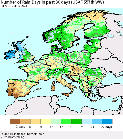 Europe Number of Rain Days in past 30 days (USAF 557th WW) 07/15/2023 Thematic Map For 7/11/2023 - 7/15/2023