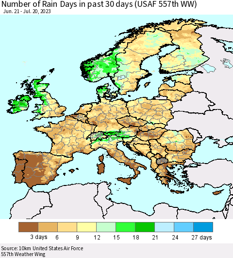 Europe Number of Rain Days in past 30 days (USAF 557th WW) 07/20/2023 Thematic Map For 7/16/2023 - 7/20/2023
