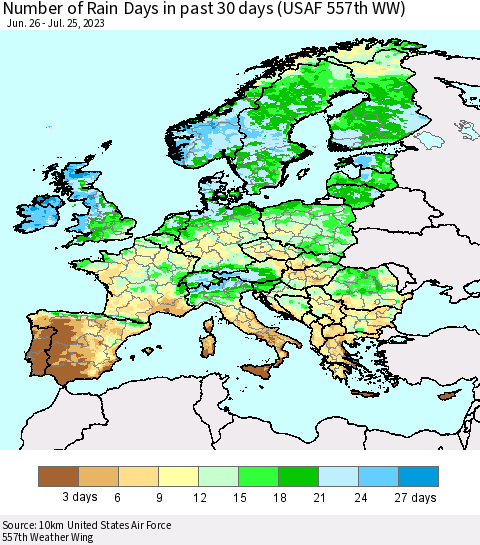 Europe Number of Rain Days in past 30 days (USAF 557th WW) 07/25/2023 Thematic Map For 7/21/2023 - 7/25/2023