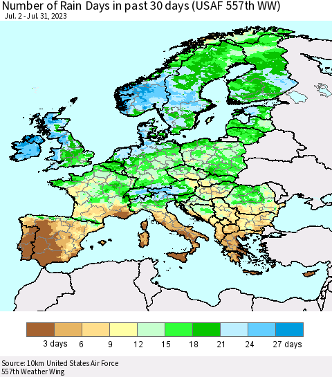 Europe Number of Rain Days in past 30 days (USAF 557th WW) 07/31/2023 Thematic Map For 7/26/2023 - 7/31/2023