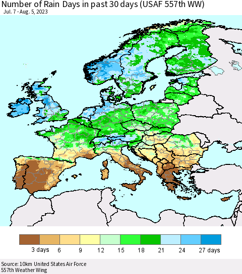 Europe Number of Rain Days in past 30 days (USAF 557th WW) 08/05/2023 Thematic Map For 8/1/2023 - 8/5/2023