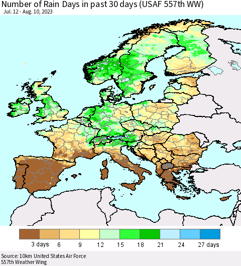 Europe Number of Rain Days in past 30 days (USAF 557th WW) 08/10/2023 Thematic Map For 8/6/2023 - 8/10/2023