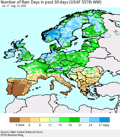 Europe Number of Rain Days in past 30 days (USAF 557th WW) 08/15/2023 Thematic Map For 8/11/2023 - 8/15/2023