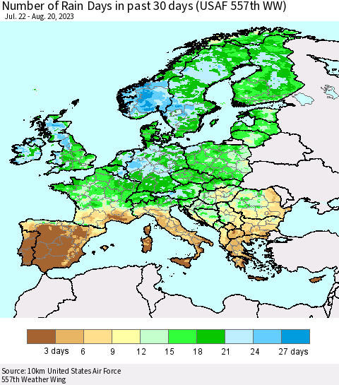 Europe Number of Rain Days in past 30 days (USAF 557th WW) 08/20/2023 Thematic Map For 8/16/2023 - 8/20/2023