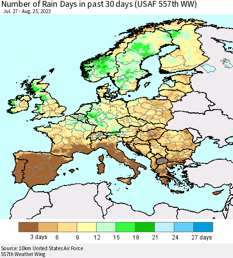 Europe Number of Rain Days in past 30 days (USAF 557th WW) 08/25/2023 Thematic Map For 8/21/2023 - 8/25/2023