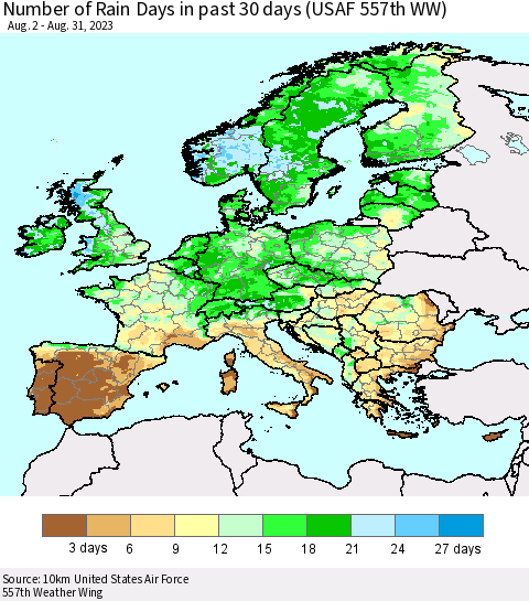 Europe Number of Rain Days in past 30 days (USAF 557th WW) 08/31/2023 Thematic Map For 8/26/2023 - 8/31/2023