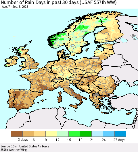 Europe Number of Rain Days in past 30 days (USAF 557th WW) 09/05/2023 Thematic Map For 9/1/2023 - 9/5/2023
