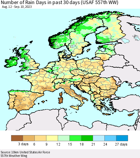 Europe Number of Rain Days in past 30 days (USAF 557th WW) 09/10/2023 Thematic Map For 9/6/2023 - 9/10/2023