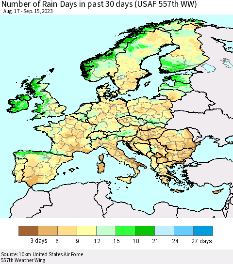 Europe Number of Rain Days in past 30 days (USAF 557th WW) 09/15/2023 Thematic Map For 9/11/2023 - 9/15/2023