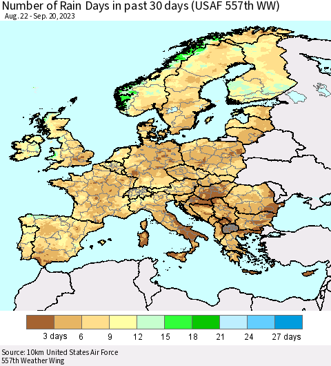 Europe Number of Rain Days in past 30 days (USAF 557th WW) 09/20/2023 Thematic Map For 9/16/2023 - 9/20/2023