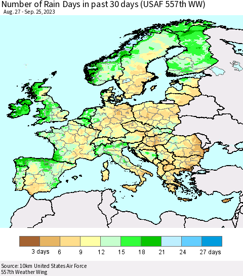 Europe Number of Rain Days in past 30 days (USAF 557th WW) 09/25/2023 Thematic Map For 9/21/2023 - 9/25/2023