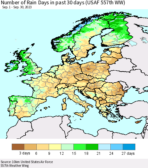 Europe Number of Rain Days in past 30 days (USAF 557th WW) 09/30/2023 Thematic Map For 9/26/2023 - 9/30/2023