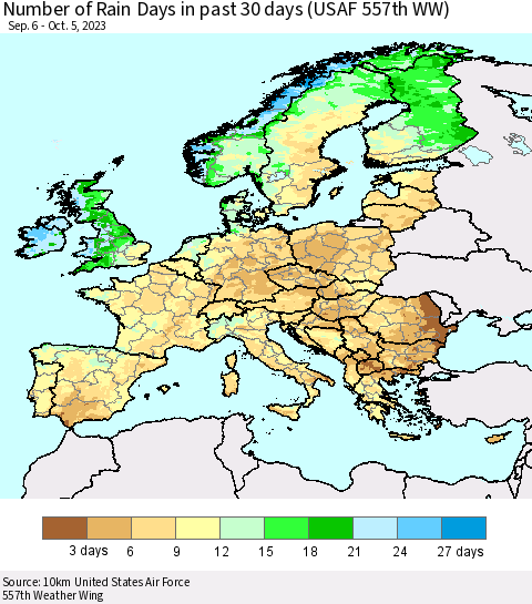 Europe Number of Rain Days in past 30 days (USAF 557th WW) 10/05/2023 Thematic Map For 10/1/2023 - 10/5/2023