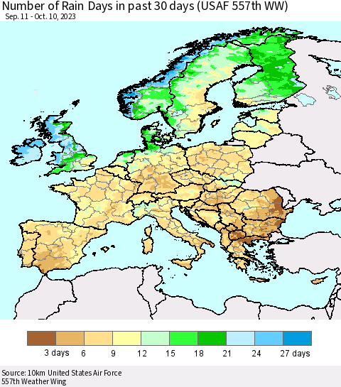 Europe Number of Rain Days in past 30 days (USAF 557th WW) 10/10/2023 Thematic Map For 10/6/2023 - 10/10/2023