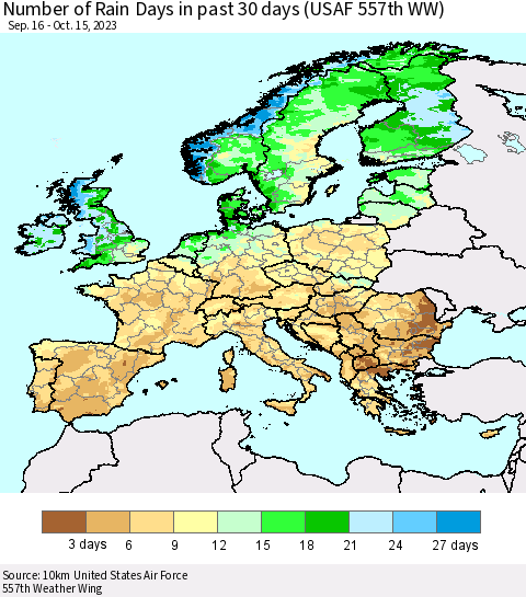 Europe Number of Rain Days in past 30 days (USAF 557th WW) 10/15/2023 Thematic Map For 10/11/2023 - 10/15/2023