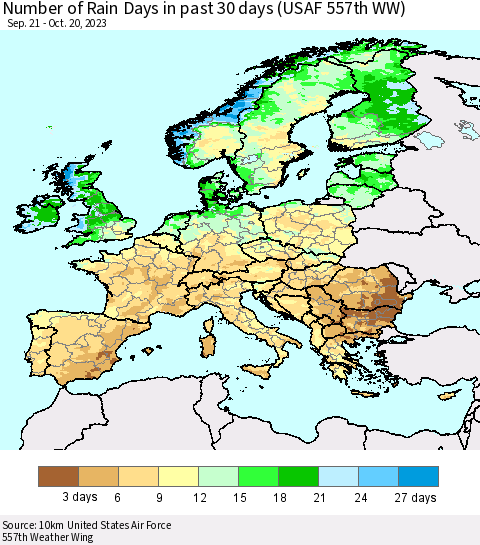 Europe Number of Rain Days in past 30 days (USAF 557th WW) 10/20/2023 Thematic Map For 10/16/2023 - 10/20/2023