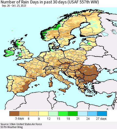 Europe Number of Rain Days in past 30 days (USAF 557th WW) 10/25/2023 Thematic Map For 10/21/2023 - 10/25/2023