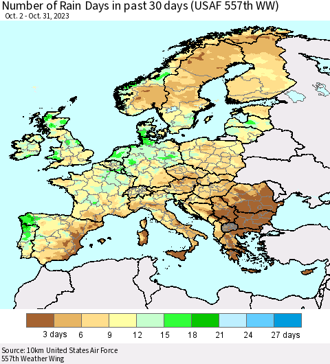 Europe Number of Rain Days in past 30 days (USAF 557th WW) 10/31/2023 Thematic Map For 10/26/2023 - 10/31/2023