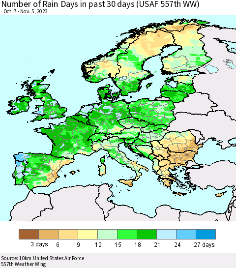Europe Number of Rain Days in past 30 days (USAF 557th WW) 11/05/2023 Thematic Map For 11/1/2023 - 11/5/2023