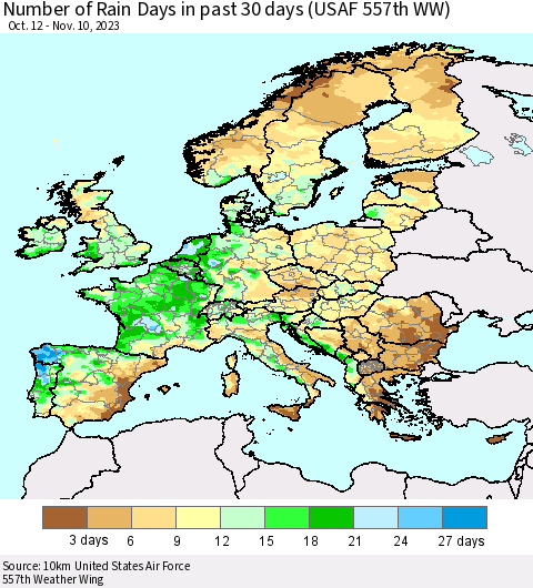Europe Number of Rain Days in past 30 days (USAF 557th WW) 11/10/2023 Thematic Map For 11/6/2023 - 11/10/2023