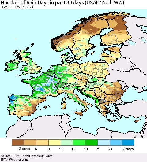 Europe Number of Rain Days in past 30 days (USAF 557th WW) 11/15/2023 Thematic Map For 11/11/2023 - 11/15/2023