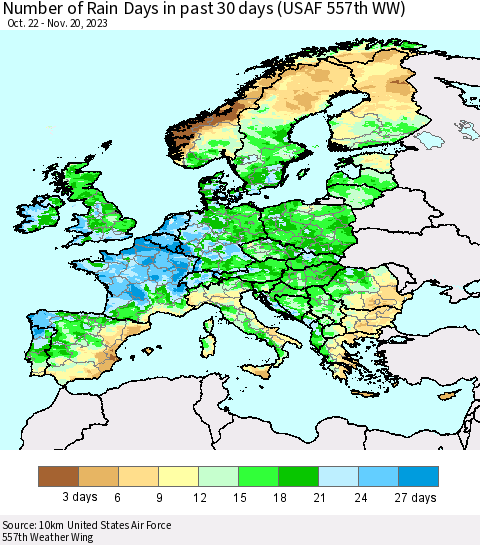 Europe Number of Rain Days in past 30 days (USAF 557th WW) 11/20/2023 Thematic Map For 11/16/2023 - 11/20/2023