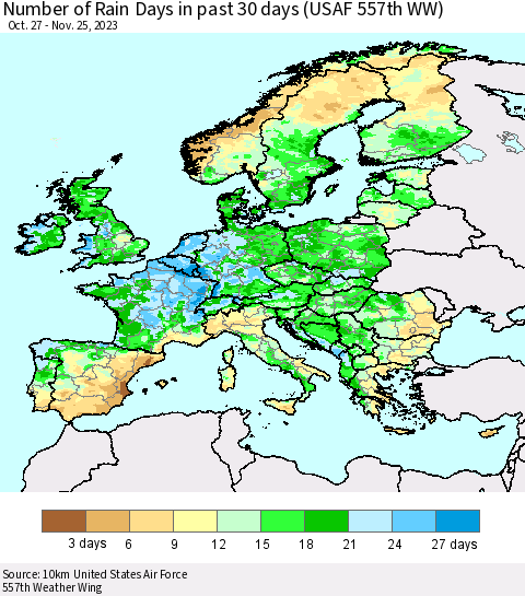 Europe Number of Rain Days in past 30 days (USAF 557th WW) 11/25/2023 Thematic Map For 11/21/2023 - 11/25/2023